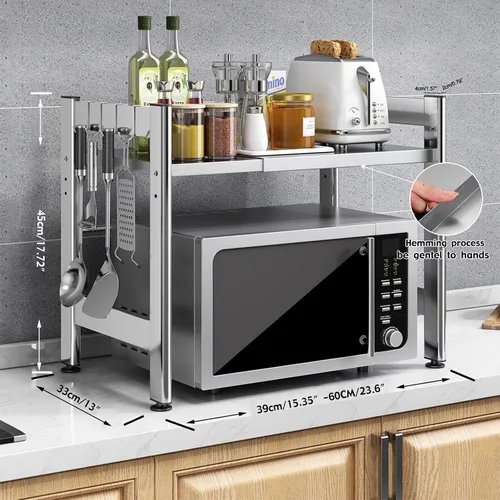 Vista 3 de Estante extensible para horno microondas de 2 niveles para encimera de acero inoxidable Heavy-duty adjustable microwave stand countertop organizer