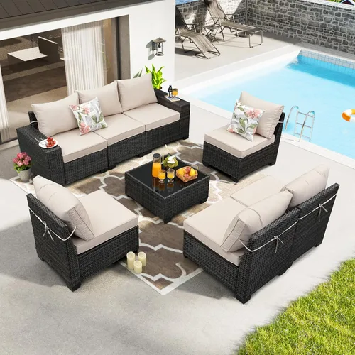Vista 21 de JOYURE Juego de muebles de patio de 5 piezas, para todo tipo de clima, para exterior, sofá seccional de mimbre, sofá de ratán para patio con cojín