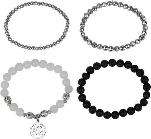 Vista 4 de SPUNKYsoul - Pulsera de hematita con flor de loto, apilable, para curación y nuevos principios