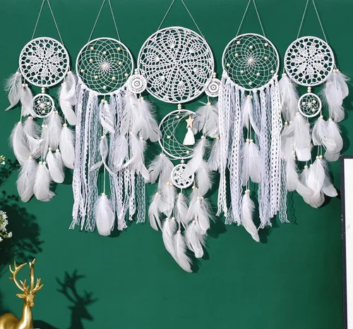 Vista 7 de Paquete de 5 atrapasueños para decoración de pared, diseño bohemio de luna y sol, juego negro