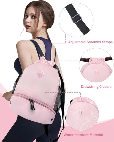Vista 6 de Mochila de gimnasio con cordón y compartimento para zapatos para hombres y mujeres, bolsa deportiva de cuerda con bolsillo húmedo, bolsa de playa