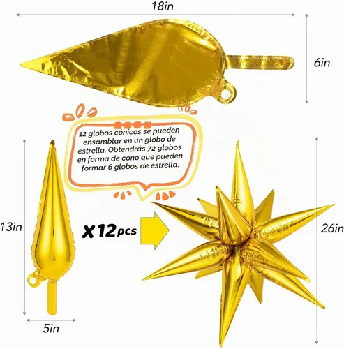 Vista 5 de 72 unidades de globos de estrella, grandes globos de cono de estrella metálicos de 26 pulgadas, globos de papel de aluminio de explosión colorida