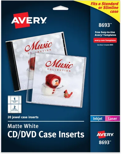 Vista 7 de Avery Insertos imprimibles para estuche de joya de CD, blanco mate, compatibles con impresoras láser e de inyección de tinta, 20 insertos estándar