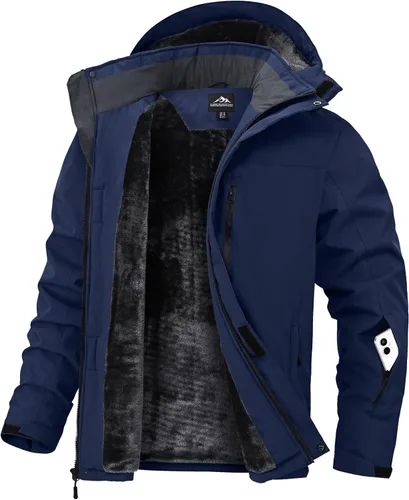 Vista 11 de Chaqueta de esquí para hombre, impermeable, con forro de vellón, abrigo de nieve cálido, cortavientos, con capucha, para el invierno
