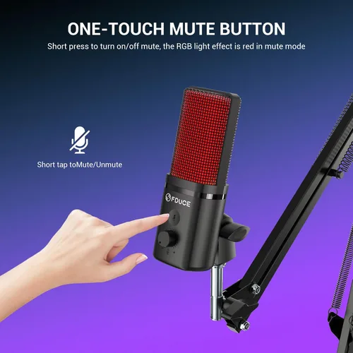 Vista 5 de FDUCE Micrófono USB para juegos RGB, micrófono condensador con silencio, ganancia, monitoreo, brazo de boom para transmisión, podcast, Twitch