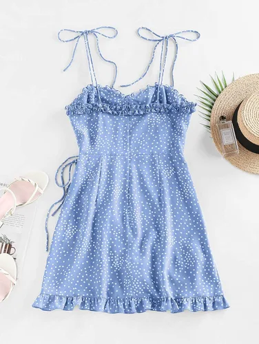 Vista 3 de ZAFUL Vestidos sin mangas con lazo en el hombro para mujer, con volantes, floral, tirantes delgados, vestido corto casual