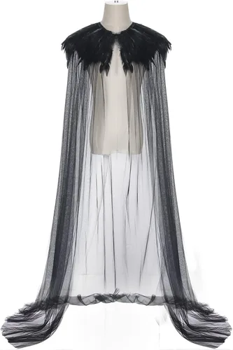 Vista 2 de Capa de Halloween para mujer, disfraz de bruja malvada Steampunk con cuello de plumas negras, capa de vampiro, disfraz de carnaval, accesorios