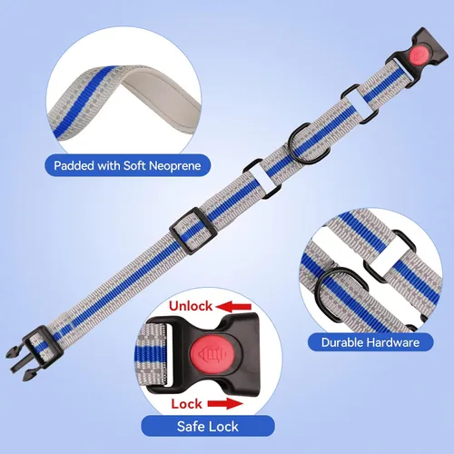 Vista 3 de Collar Martingala para perros, juego de collar y correa Martingala reflectante acolchado de neopreno suave con hebilla de seguridad, collar Azul