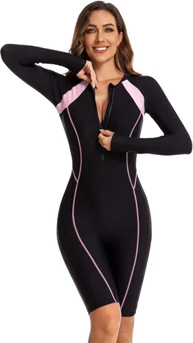 Vista 4 de ECUPPER Traje de baño de una pieza de manga larga para mujer, con cierre Boyleg, protector de erupción, cobertura de traje de baño de surf, traje