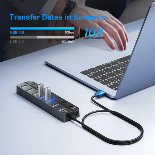 Vista 3 de ONFINIO Hub USB 3.0, divisor de concentrador USB de 7 puertos con interruptores individuales de encendido/apagado y luces, cable de 3.2 pies/1m