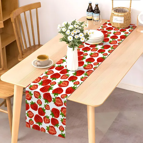 Vista 3 de Pudodo Camino de mesa de fresa para primavera y verano, con temática de fresas, cumpleaños, baby shower, fiesta, cocina, comedor, decoración
