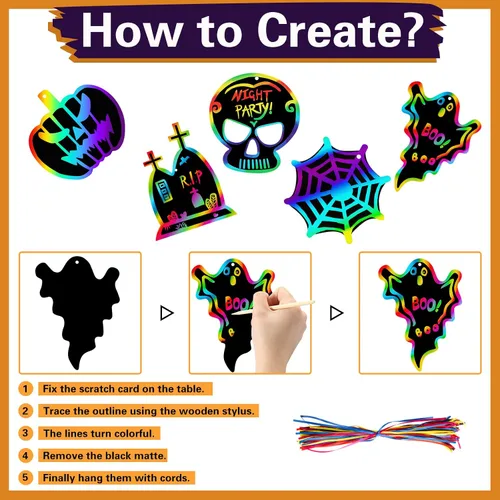 Vista 3 de Max Fun Paquete de 48 tarjetas de papel de arte para manualidades de Halloween, adornos mágicos de arco iris, suministros para colgar, kit