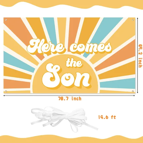Vista 2 de Here Comes The Son - Telón de fondo para baby shower, estilo bohemio, retro, apagado, amanecer, decoración para colgar en la pared, fiesta