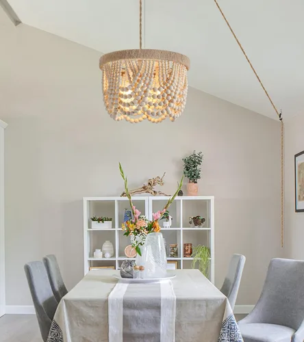 Vista 7 de AMZASA - Lámpara colgante enchufable estilo bohemio con cuerda de cáñamo tejida, perlas de madera, lámpara colgante rústica para casa de campo