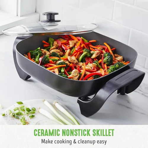 Vista 2 de GreenLife - Sartén eléctrica cuadrada de 12" 5QT, tapa de vidrio con ventilación, interior antiadherente de cerámica libre de PFAS, control de Negro