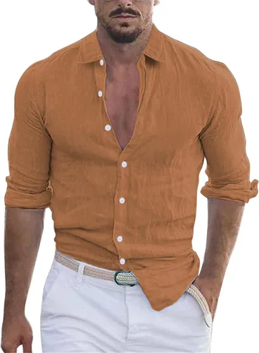 Vista 14 de Camisa de algodón y lino con botones para hombre, cuello de solapa de manga larga, estilo hippie casual para ropa de playa
