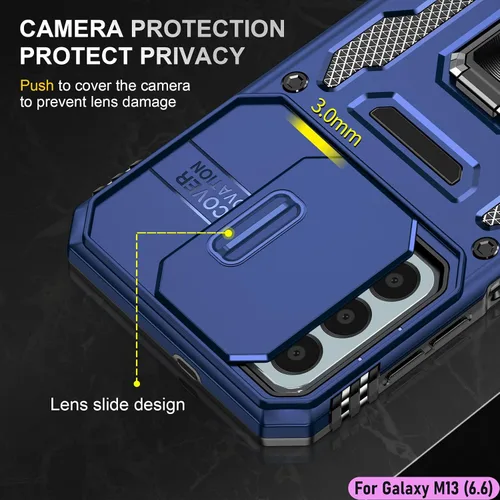 Vista 4 de Funda resistente para Samsung Galaxy M13, protección híbrida de goma de doble capa de grado militar con protector de cámara deslizante, soporte