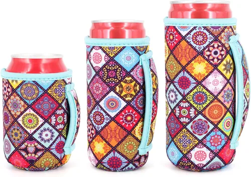 Vista 43 de 3 Pack de fundas aisladas reutilizables de neopreno con asa para soda, bebida energética, refresco, cerveza, seltzer duro, fundas para latas de 12