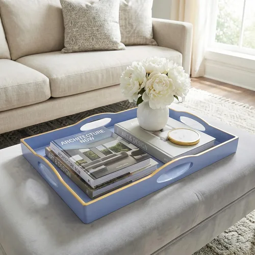 Vista 4 de Bandeja de servir azul con 4 asas, bandeja decorativa de plástico para mesa de café, otomana - Ideal para sala de estar y baño. 15 x 11 x 1.9