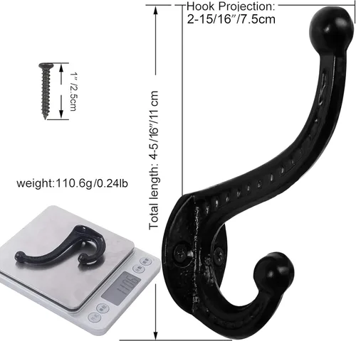 Vista 2 de WEBI Ganchos rústicos para abrigos: 5 ganchos de hierro fundido para colgar, ganchos de pared antiguos resistentes para toallas, batas, granja Negro
