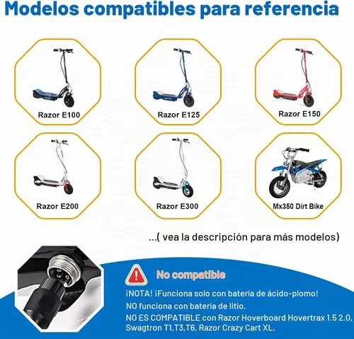 Vista 4 de Cargador de 24 V para scooter eléctrico Razor MX350 E100 E125 E150 E175 E200 E200S E300 E300S MX400 Dirt Rocket Dirt Bike Dirt Quad Moto Pocket Mod
