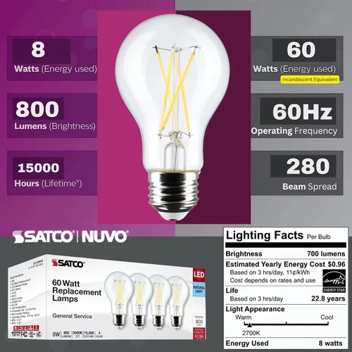 Vista 3 de Satco S12465 8A19/CL/LED/E26/950/4PK/120V, 8 Watt A19 LED; Clear; 5000K; Medium Base; 120 Volt; for use at Residential, Hospitality, Retail