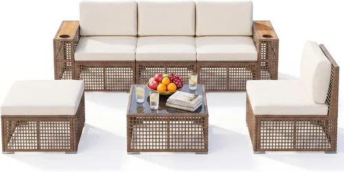 Vista 10 de Devoko Juego de muebles de patio, sofá modular de mimbre para exteriores de Beige