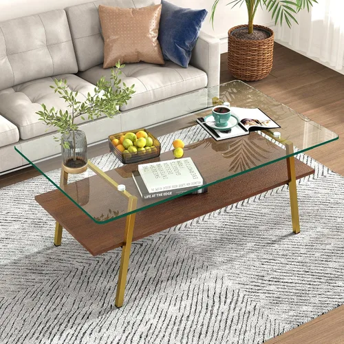 Vista 9 de Mesa de centro moderna rectangular con tapa de vidrio templado con estante de madera para el hogar, sala de estar, oficina, tienda o dormitorio