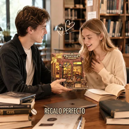 Vista 7 de Kit de rincón de libro de cafetería, casa en miniatura con luces LED, rompecabezas de madera 3D para adultos, kit de construcción de mini casa