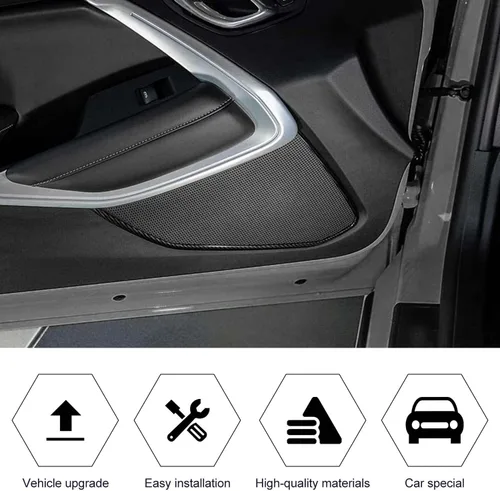 Vista 4 de Cubierta interior de fibra de carbono para puerta, decoración de panel de altavoz de audio, accesorios interiores para Chevrolet Camaro 2017-2022
