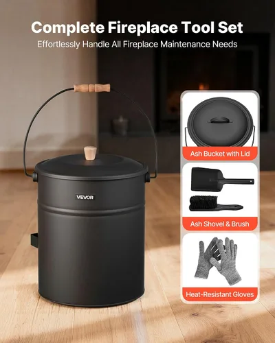 Vista 2 de VEVOR Cubo de ceniza, 4 piezas con tapa, pala, escoba y guantes, cubo de carbón de metal para chimenea y lata de cenizas, 4 galones de gran