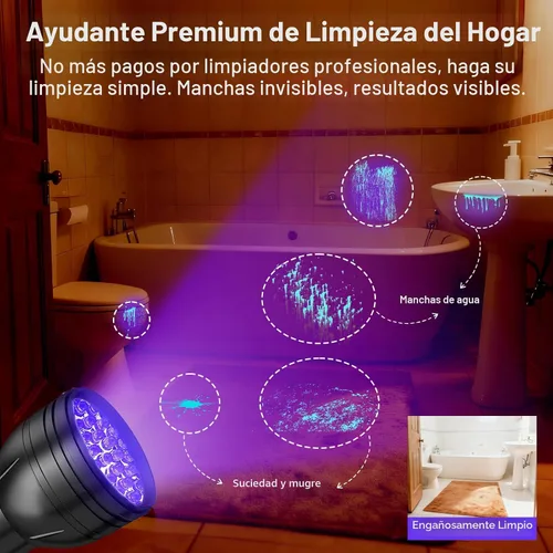 Vista 3 de Linterna de luz negra UV para detección de orina de mascotas Vansky, detector ultravioleta de 51 leds para orina de perro/gato, manchas secas