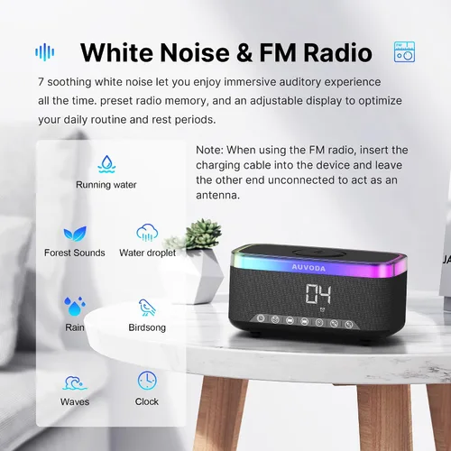 Vista 7 de Altavoz Bluetooth S300, altavoz portátil con carga inalámbrica de 15 W, luz nocturna de 13 colores, alarma, ruido blanco, radio, estéreo de 16 W