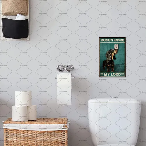 Vista 4 de Cartel de metal con diseño de perro salchicha y papel higiénico, divertido póster para cafetería, sala de estar, cocina, baño, decoración de pared