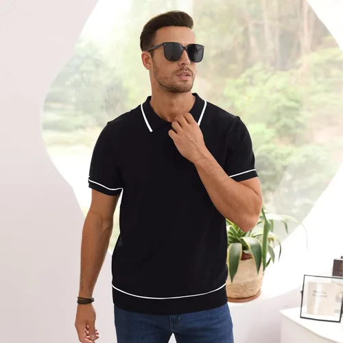 Vista 4 de Polo de manga corta para hombre, ajuste regular, informal, de punto sólido, con cremallera de un cuarto, para golf