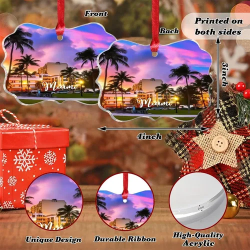Vista 2 de Florida USA - Adornos de Navidad acrílicos de Miami, paisaje urbano, decoraciones de Navidad para árbol de viaje, recuerdo, adornos de Navidad