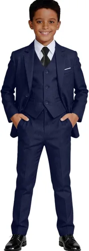 Vista 7 de Visaccy Traje formal para niños, traje de esmoquin ajustado para niños Traje negro corbata azul cuadros (4 piezas)