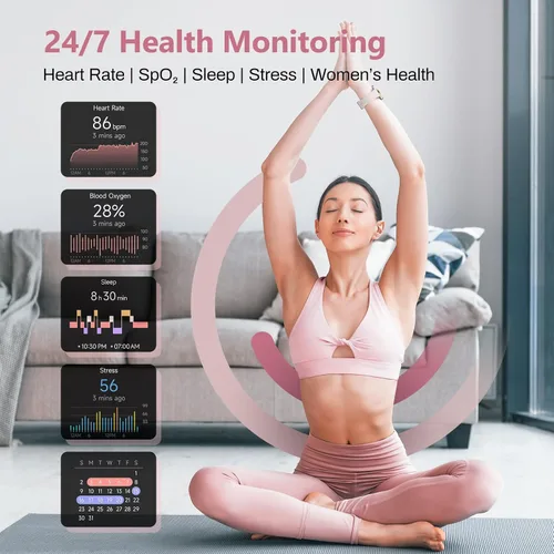 Vista 3 de Reloj inteligente para mujer, compatible con iPhone y Android, ritmo cardíaco SPO₂ y seguimiento de la salud de la mujer, más de 100 modos