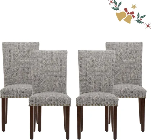 Vista 28 de Juego de 2 sillas tapizadas de tela para comedor, sillas de cocina estilo Parsons con ribete de cabeza de clavo y patas de madera - Beige
