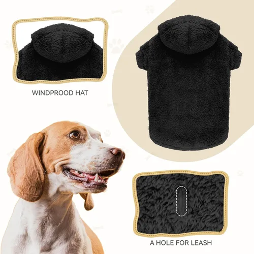 Vista 3 de Suéteres de vellón y sherpa para perros pequeños, mullidos, suaves, de doble cara, afelpados, con capucha, negro, XS