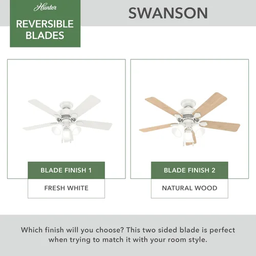 Vista 5 de Hunter Swanson 50885 - Ventilador de techo interior de 44 pulgadas con luces LED, ventilador de techo blanco con cadena de tracción