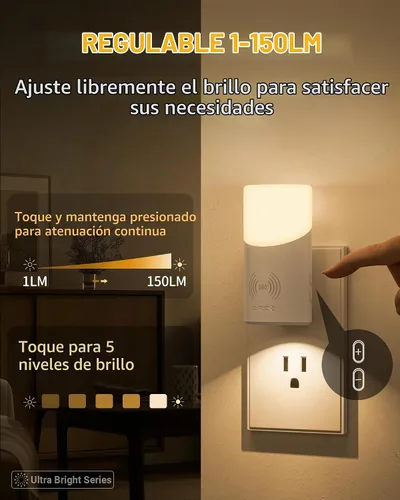 Vista 3 de Lyridz - Luz nocturna LED enchufable con sensor de movimiento de 360°, luces nocturnas regulables de 1 a 150 lúmenes para interiores para baño