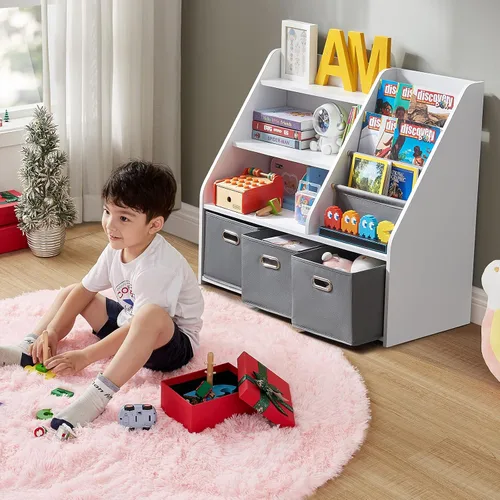 Vista 8 de Marcytop Montessori - Estantería y organizador de almacenamiento de juguetes, estantería de madera 3 en 1 con 3 contenedores de tela para juguetes