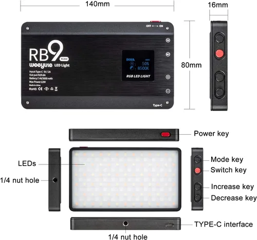Vista 4 de Weeylite RB9 - Luz LED de video RGB portátil con control de aplicación, recargable 2500K-8500K 360° a todo color, 29 efectos de iluminación, panel