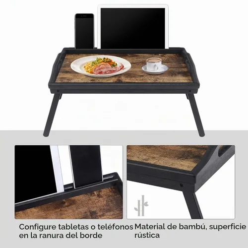 Vista 2 de SONGMICS Mesa de bandeja de cama con patas plegables de bambú, bandeja