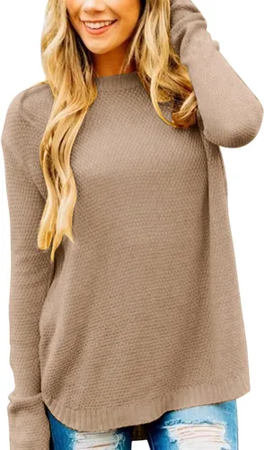 Vista 21 de MEROKEETY Suéteres de manga larga casuales para mujer 2025 con cuello redondo suelto, suéteres de punto estilo pulóver para otoño e invierno Beige