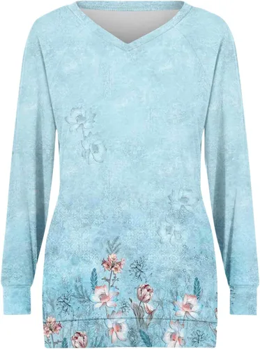 Vista 3 de JJHAEVDY Ropa de otoño para mujer 2023 sudadera de manga larga con estampado de cuello redondo elegante suéter cómodo con bolsillo