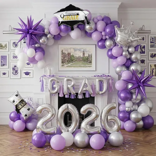 Vista 8 de Kit de arco de guirnalda de globos de graduación con temática azul con globos de aluminio para estudiantes universitarios de secundaria, clase