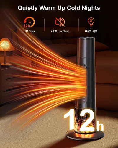 Vista 5 de Calentador de espacio eléctrico, calentadores de cerámica PTC de 1500 W para interiores con control remoto, oscilación de 70°, temporizador de 1 a