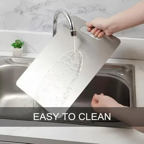 Vista 4 de Tabla de cortar de titanio para cocina, tablas de cortar de acero inoxidable de doble cara de grado alimenticio para cortar verduras y carne, fácil